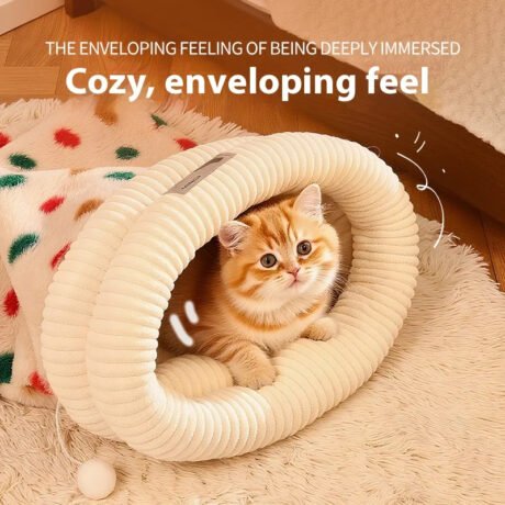 Polka Dot Beige Cozy Cave Cat Sleeping Bag – Ultra-Soft Rabbit Fur Tunnel Bed