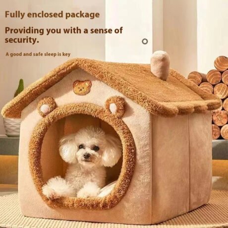 Cozy Plush Pet House – Warm Enclosed Bed for Cats & Small Dogs | Soft Winter Cabin with Removable Roo